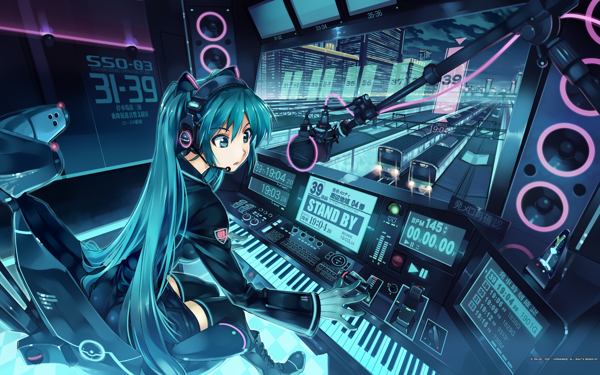 Vocaloid Hatsune Miku jouant du piano dans une gare